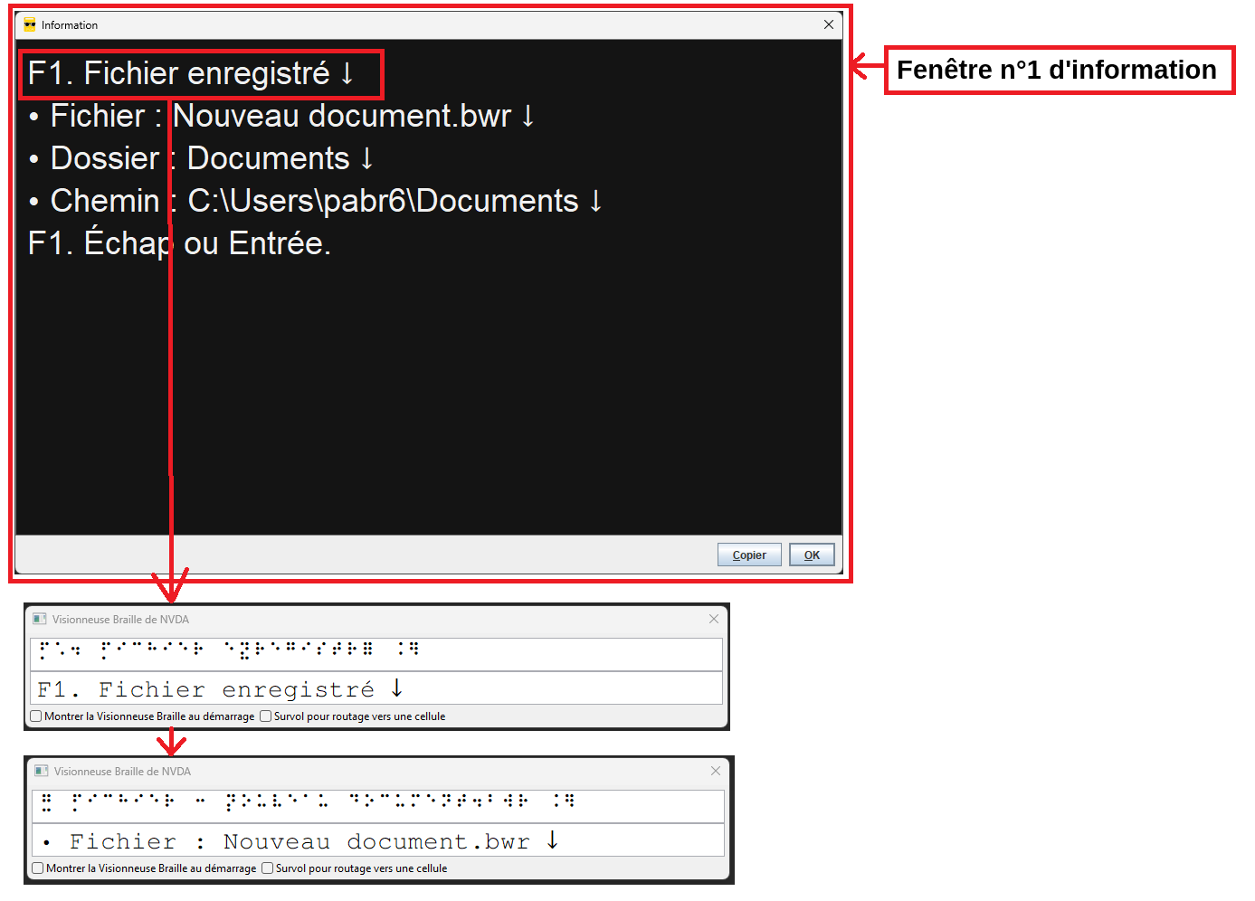 Capture d’écran de la fenêtre information lorsqu'un fichier est enregistré