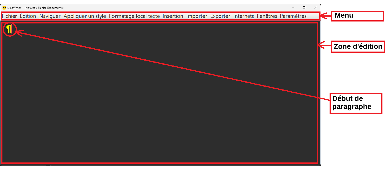 Capture écran de LisioWriter montrant le menu principal, la zone d'édition.